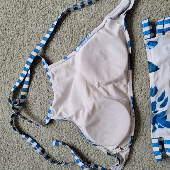 H&M Striped Blue White Tropical Triangle Top Padded Bra Bikini Set Womens Size M - Picture 8 of 12